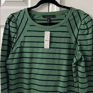 White House Black Market Green and Navy Striped 3/4 Sleeve Tee NWT